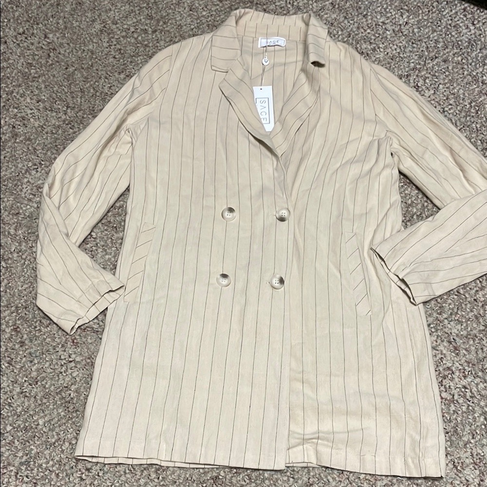 Sadie and Sage long Tan Double-Breasted pinstripe Blazer/ nwt
